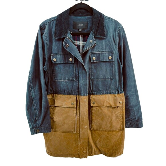J. Crew Jackets & Blazers - J.Crew Long Colorblock Field Jacket M Waxed Cotton Canvas Navy Tan Barn Chore Co